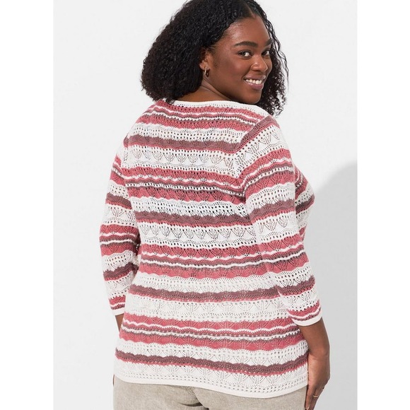 Torrid Open Stitch Pullover V Neck Cinched Front Sweater Pink Stripe 4X - Picture 2 of 10